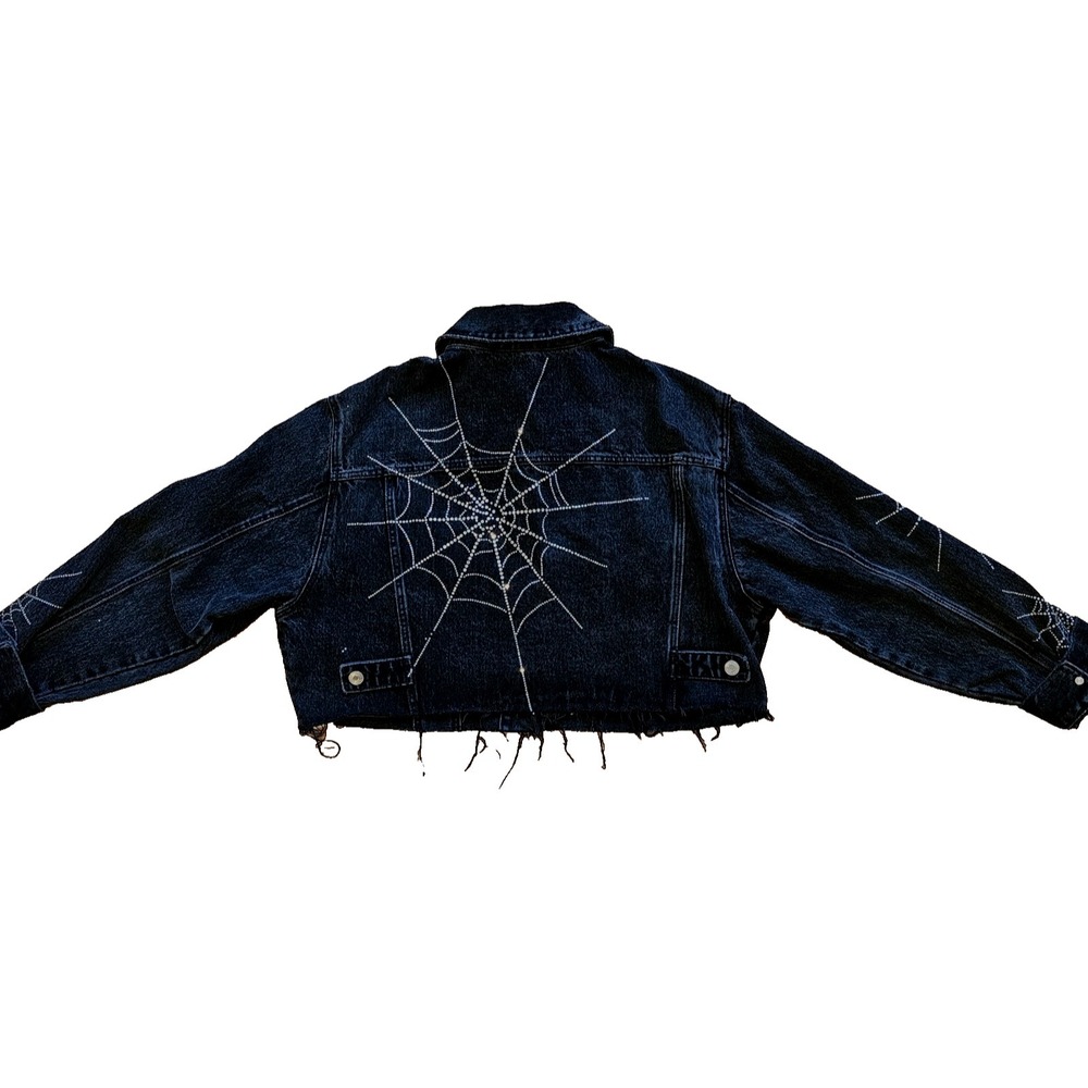 Zara Black Rhinestone Spiderweb Cropped Denim Jacket Goth Alt Y2K Medium - Picture 8 of 8